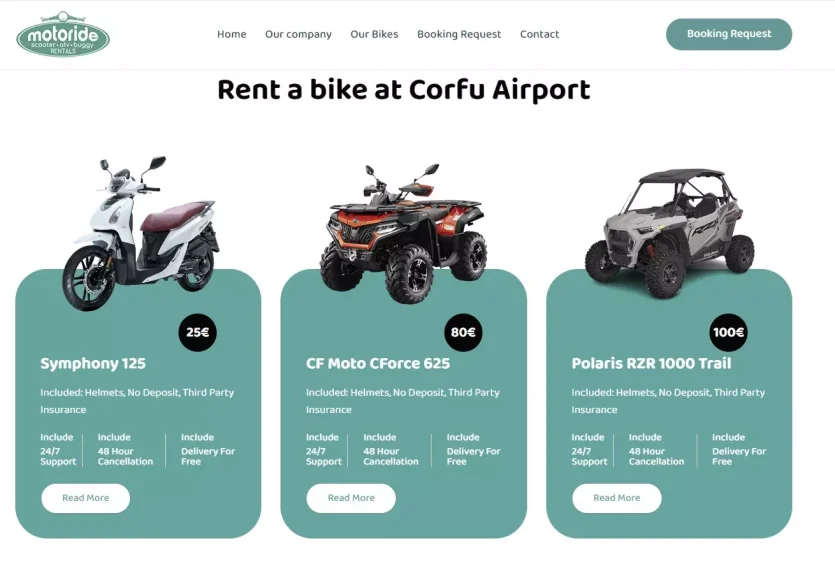 Motoride, Corfu rent a bike, Κατασκευή ιστοσελίδας με σύστημα κρατήσεων μηχανών 2 (1)