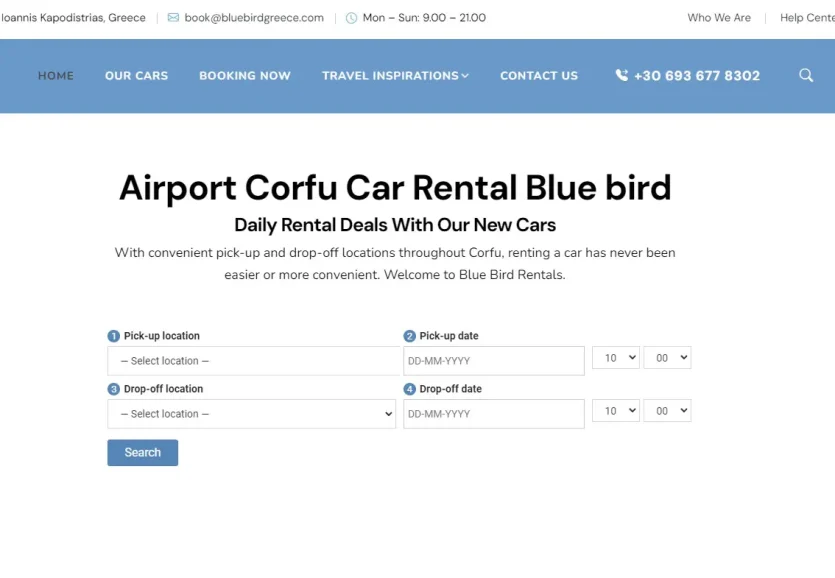 Blue Bird, Ενοικιάσεις Αυτοκινήτων Κέρκυρα, Κατασκευή ιστοσελίδας με σύστημα κρατήσεων 2